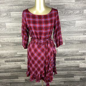 GAP Round Neck 3/4 Sleeves Red Plaid Ruffle Wrap Dress Women's Size XS